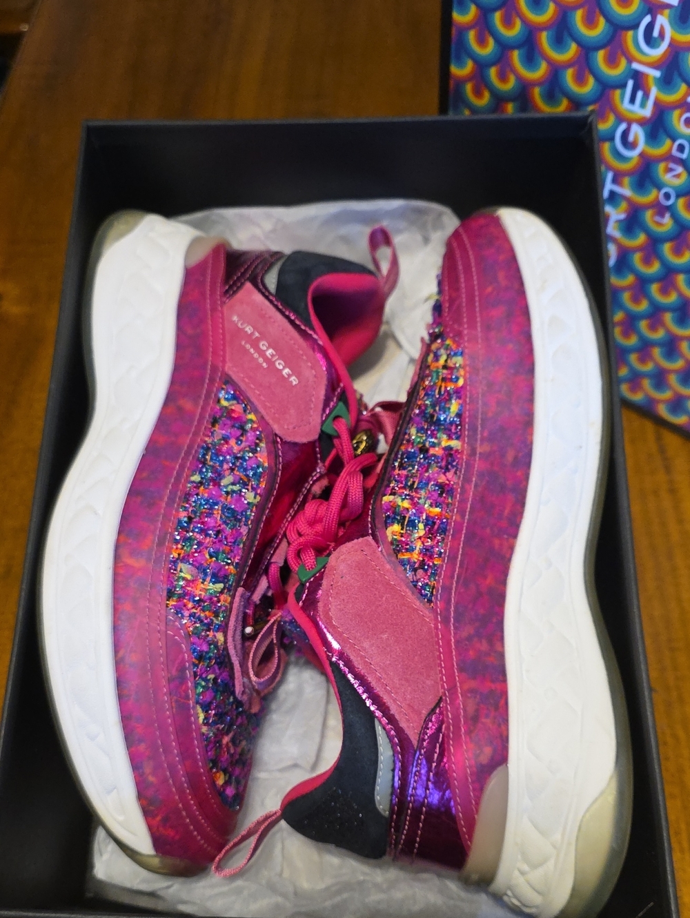 Kurt Geiger Kensington Hot Pink Mixed-Texture Platform Sneakers Sz 9
